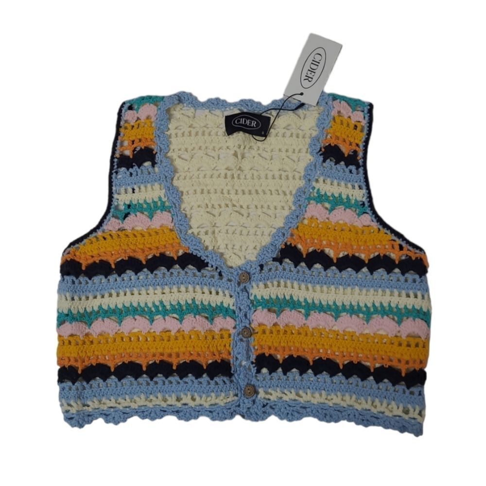 NEW Cider festival crochet knit cropped‎ button up sweater vest S/M
